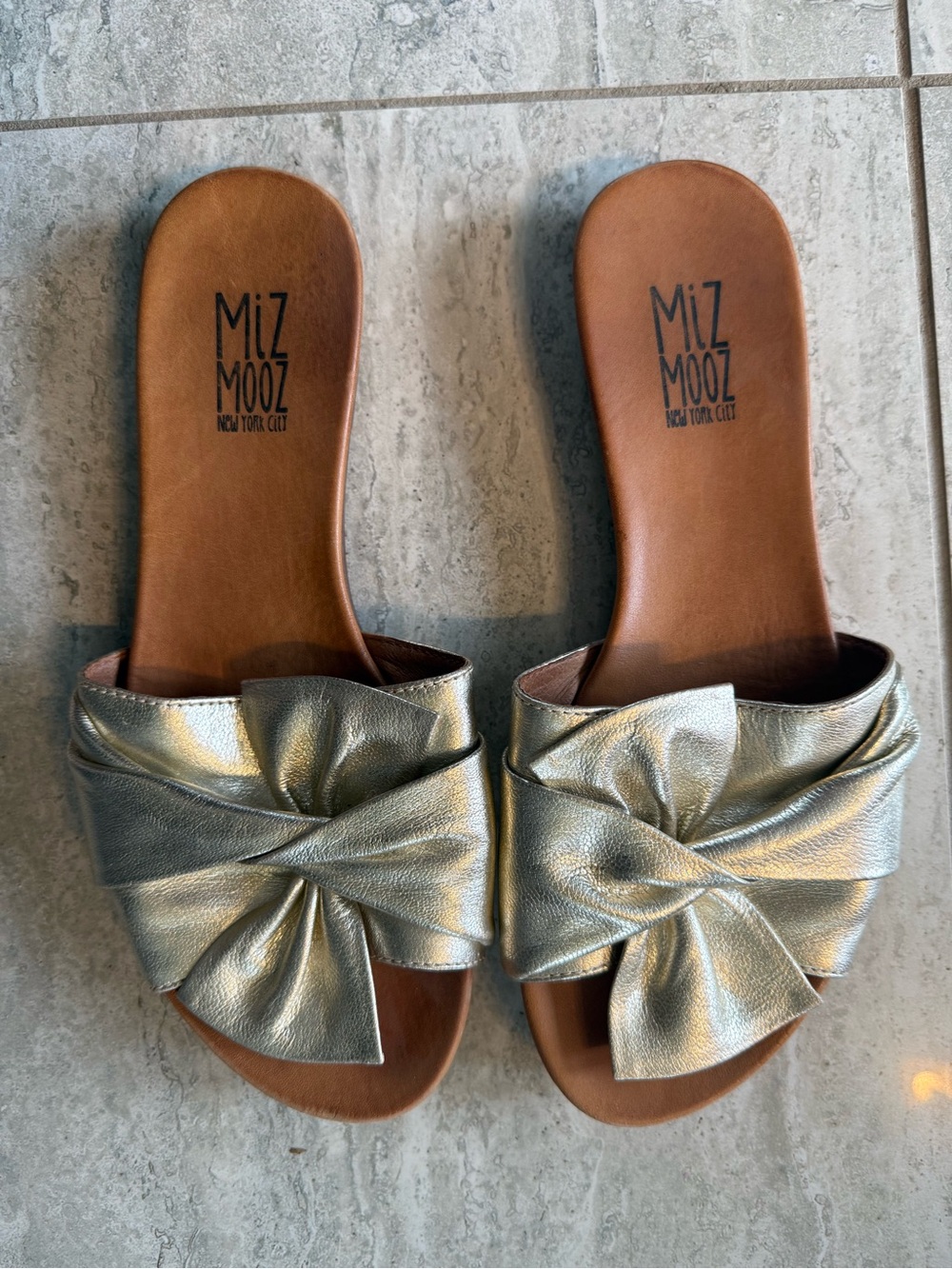 Miz Mooz Metallic Gold Knot Slide Sandals